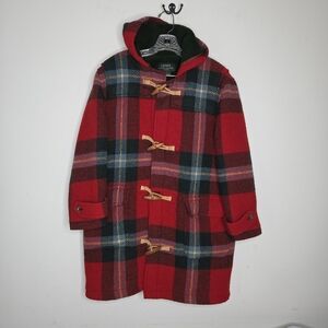 Louren Ralph Lauren Red Plaid Toggle pea Coat wool rare  winter Petite M